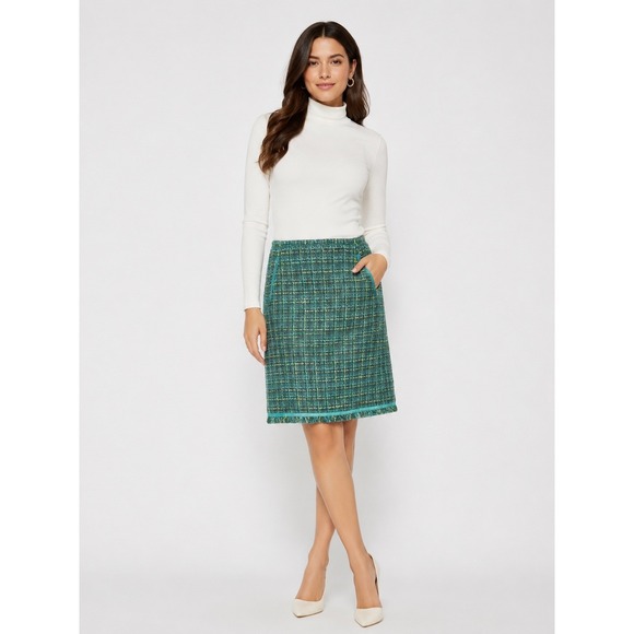 Lafayette 148 New York Dresses & Skirts - Lafayette 148 Womens‎ Leather Trim Tweed Skirt 6 Professional Green Wool Blend
